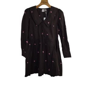 ICHI Womens Mini Dress Embroidered Button Long Sleeve Rose Brown Size 34 XS